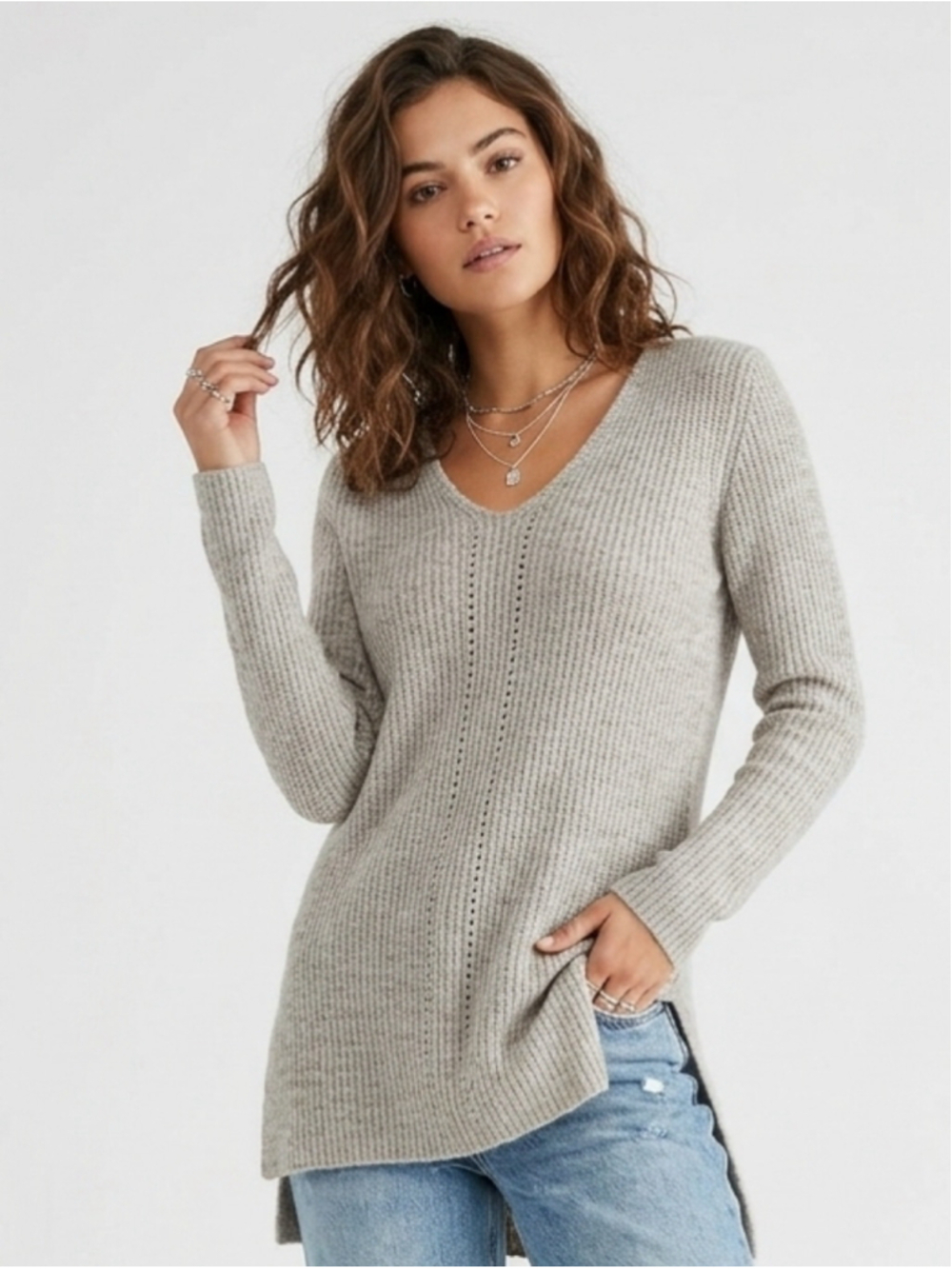 Women's Liz Claiborne Gray Shimmer V-Neck Tunic Knit Sweater Sparkle Large - 804